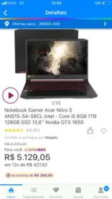 Notebook Gamer Acer Nitro 5 Core i5 8GB 1TB 128GB SSD Nvidia GTX 1650 | R$4730