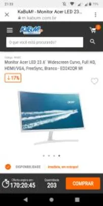 Monitor Acer LED 23.6´ Widescreen Curvo, Full HD, HDMI/VGA, FreeSync, Branco - R$551