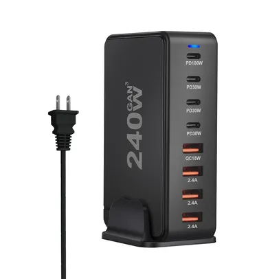 [Conta Nova] Carregador Desktop GaN USB Type C PD Charger, Carregamento rápido, USB móvel 3.0, 8 portas, 240W