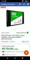 SSD WD Green, 1TB, SATA, Leitura 545MB/s, Gravação 430MB/s - WDS100T2G0A - R$ 754,90