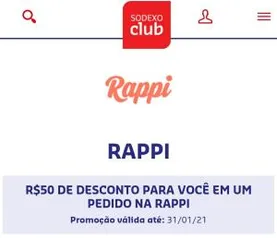 [Sodexo Refeição] R$50,00 OFF para pedidos acima de R$80,00 na Rappi