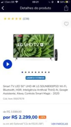 Smart TV LED 50" UHD 4K LG 50UN8000PSD , ThinqAI, Alexa, com controle Smart Magic | R$ 2.184