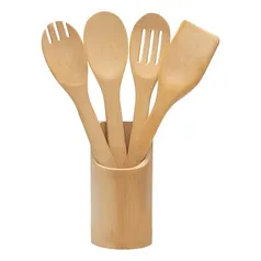 Kit De Utensílios 5 Peças Em Bambu Com Suporte 