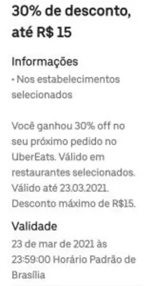 30% de desconto até R$15 com o cupom Ubereats