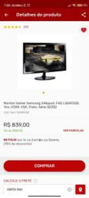 Monitor Gamer Samsung 24" FHD LS24D332, 1ms, HDMI, VGA 75hz | R$713 a vista