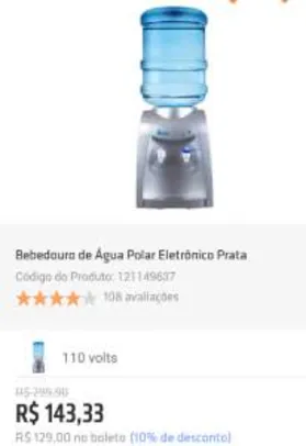 [Shoptime] Bebedouro de Água Polar Eletrônico Prata por R$ 129
