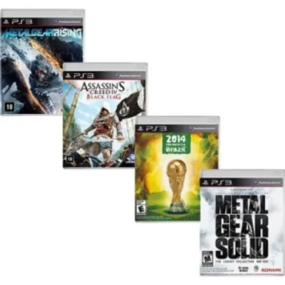 [AMERICANAS] KIT Game PS3 Metal Gear Rising + Game Assassin's Creed IV: Black Flag + Game Copa do Mundo da Fifa Brasil 2014 + Game Metal Gear Solid: The Legacy Collection - PS3