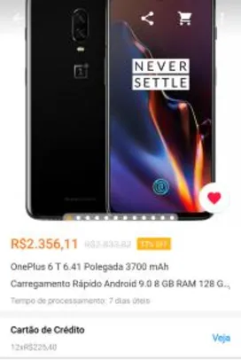 OnePlus 6T 6.41 Inch 3700mAh Fast Charge Android 9.0 8GB RAM 128GB ROM  por R$ 2356
