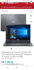 Notebook Acer Core i5-10210U 8GB 1TB 128GB SSD Tela 15.6” Windows 10 Aspire 3 A315-54-56JC | R$3.100