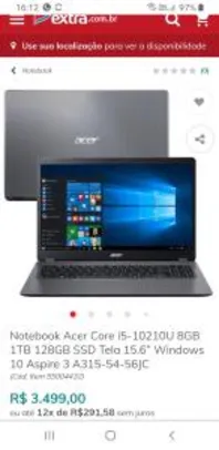 Saindo por R$ 3100: Notebook Acer Core i5-10210U 8GB 1TB 128GB SSD Tela 15.6” Windows 10 Aspire 3 A315-54-56JC | R$3.100 | Pelando