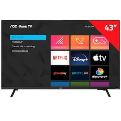 Smart TV 43" AOC Full HD 43S5135/78G Roku TV, Dolby Digital, Comando de Voz, 60 Hz, Processador Quad Core