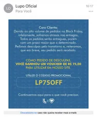 R$75 off na loja online Lupo (Sem mínimo)