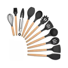 Kit 12 Utensílios De Cozinha Em Silicone E Cabo De Madeira Resistente ao Calor