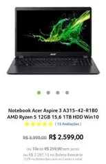 Notebook Acer Aspire 3 A315-42-R1B0 AMD Ryzen 5 12GB 15,6 1TB HDD Win10