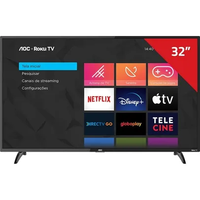 Smart TV AOC Roku LED 32'' 32S5195/78 Wi-Fi 3 HDMI 1 USB com Controle Remoto com atalhos Roku Mobile