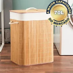 Cesto de Roupa Suja 70 LITROS Lavanderia Bambu c/ Tampa Retangular Forrado Quarto Banheiro Dobrável