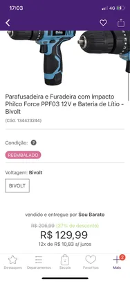 (Reembalado) Parafusadeira e furadeira philco force PPF03 | R$115