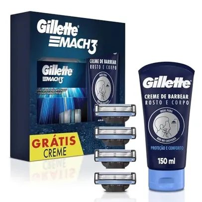 [Regional] 1 Kit Gillette Mach3, Carga para Aparelho 4 Uds + Gillette Creme de Barbear Rosto e Corpo 150mL