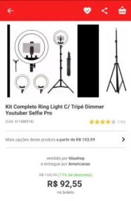 {CC AMERICANAS + AME} Kit Completo Ring Light C/ Tripé Dimmer Youtuber Selfie Pro | R$93