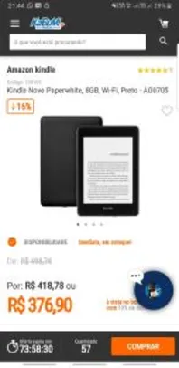 E-Reader Amazon Novo Kindle Paperwhite 8GB Wi-fi à Prova D Água Tela 6" Iluminação Embutida Preto R$396