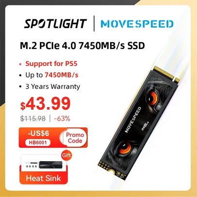 [DoBrasil/Moedas/Gpay] SSD NVMe M2 7450 MB/s MOVESPEED PCIe4.0 2Tb - Compatível com PS5