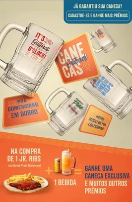 Promoção Canecas Colecionáveis Outback - Na compra de um dos combos Jr. Ribs ou Royal Plant Barbecue ganhe uma Caneca + brindes na Raspadinha