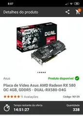 Placa de Vídeo Asus AMD Radeon RX 580 OC 4GB, GDDR5 R$ 599