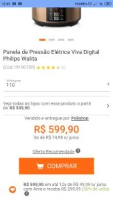 Panela de Pressão Elétrica Viva Digital Philips Walita | R$570 (R$299 com AME)