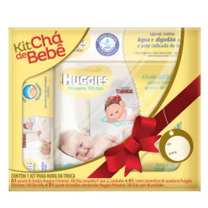 Kit Chá de Bebê Huggies Primeiros 100 dias - Fralda P 22 Unidades + Creme + Lenço Umedecido 48 Unidades - R$30