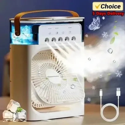 (Taxas inclusas / R$5,00 primeira compra) Ventilador portátil de ar condicionado, ventilador elétrico, luz noturna LED, neblina de água, 3 em 1