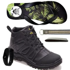 Kit Bota Coturno Adventure Masculino + Relógio + Chinelo + Carteira + Cinto | R$90