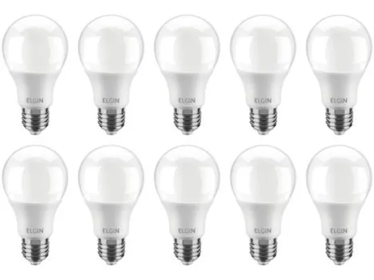 Kit Lâmpadas LED 10 Unidades Branca E27 9W - 6500K Elgin Bulbo A60 R$60 (R$6 cada)