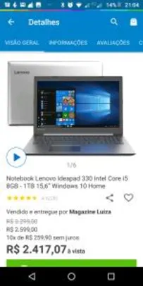 Notebook Lenovo Ideapad 330 Intel Core i5 8GB - 1TB 15,6” Windows 10 Home por R$ 2417