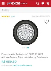 Pneus de Alta Resistência 175/70 R13 82T Altimax General Tire 4 unidades by Continental - R$657