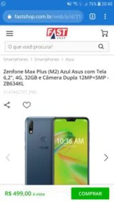 Zenfone Max Plus (M2) Azul Asus com Tela 6,2", 4G, 32GB - R$499