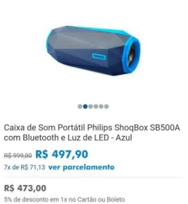 Caixa de Som Portátil Philips ShoqBox SB500A com Bluetooth e Luz de LED - Azul - R$ 498