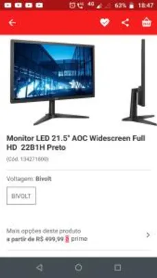 Monitor LED 21.5" AOC Widescreen Full HD 22B1H Preto - R$400