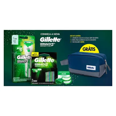 Kit 1 Aparelho de Barbear Gillette Mach3 Sensitive AquaGrip+3  Cargas para Barbear+1 Necessaire