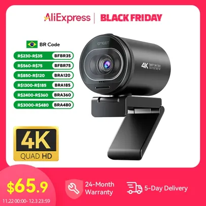 R$356,27 | Webcam 4K, TOF-Câmera de Foco Automático com Microfone para Chamadas de Vídeo, HD, USB, 1080P, 60FPS, TOF, Zoom, Equipes Skype, S600