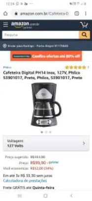 Cafeteira Digital PH14 Inox, 127V, Philco 53901017, Preto, Philco, 53901017, Preto R$100