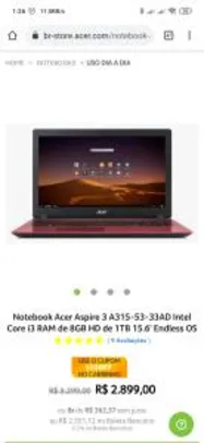 [R$ 2.072 com CUPOM + 15% AME] Notebook Acer Aspire 3 A315-53-33AD Intel Core i3 RAM de 8GB HD de 1TB