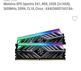 Memória XPG Spectrix D41, RGB, 32GB (2x16GB), 3600MHz, DDR4, CL18, Cinza - AX4U3600316G18A | R$1.116