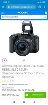 Câmera Digital Canon DSLR EOS REBEL SL2 24,2MP | R$1.799