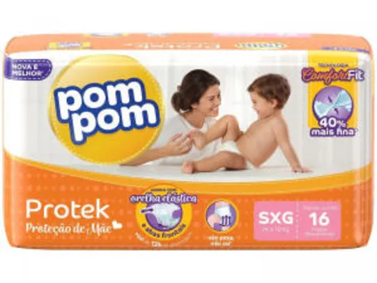 Fralda Pom Pom Protek Proteção de Mãe - SXG (14-18kg) - 16 unidades | R$9