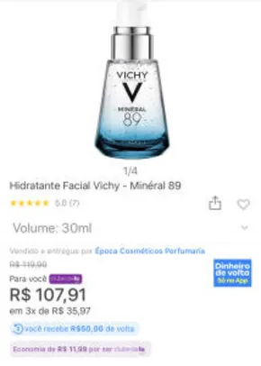 [APP] Hidratante Facial Vichy - Minéral - [ R$50 cashback] - R$120