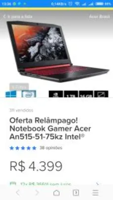 Notebook Gamer Acer AN515-51-75KZ Core i7 1TB 16GB - R$4399