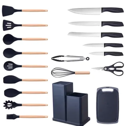 Kit 19 Peças Jogo de Utensílios Para Cozinha em Silicone Com Cabo de Madeira 