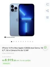 iPhone 13 Pro Max Apple (128GB) Azul Sierra, Tela de 6,7”, 5G e Câmera Pro de 12 MP | R$ 8919