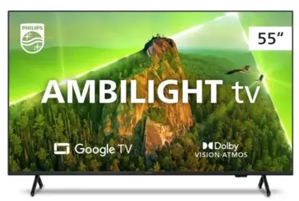 Smart TV Philips Ambilight 55" 4K 55PUG7908/78, Google TV, Comando de Voz, Dolby Vision/Atmos