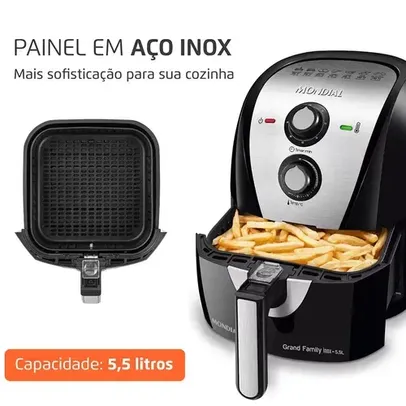 Air Fryer Mondial AF-55i Grand Family Inox 5,5L Preta com Timer - Fritadeira Sem Óleo Grande, 110v